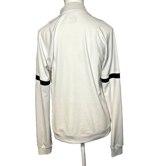 Nike Dri Fit Womens M White Track Jacket Full Zip Logo Black Stripe Pockets FLAW - Picture 3 of 11
